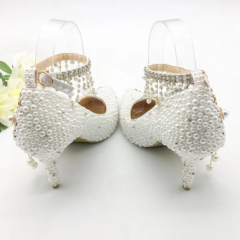 Women Shoes Wedding Big Size 43-47Heels For Party  White Pearl Crystal Peacock Metal Flowers Tassel Pointed Toe Pumps Customize
