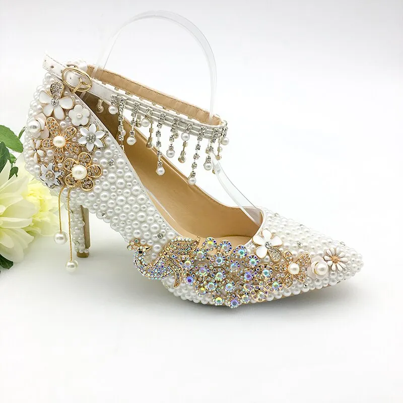 Women Shoes Wedding Big Size 43-47Heels For Party  White Pearl Crystal Peacock Metal Flowers Tassel Pointed Toe Pumps Customize