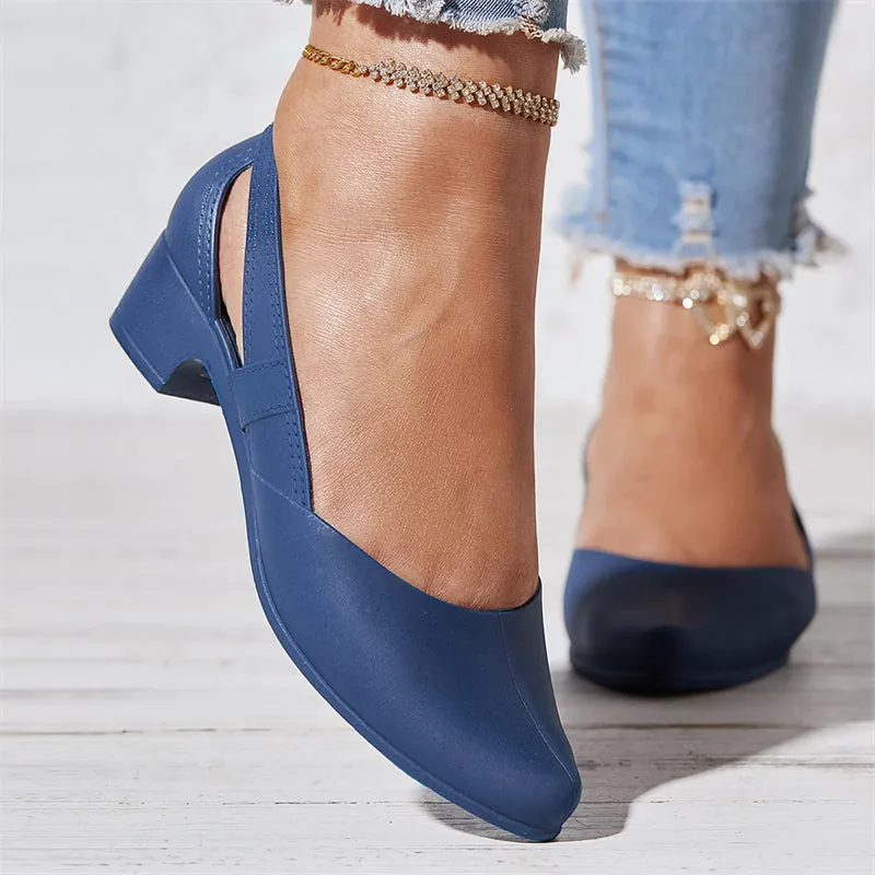 Women's Block Heel Solid Color Side Cut Pumps
