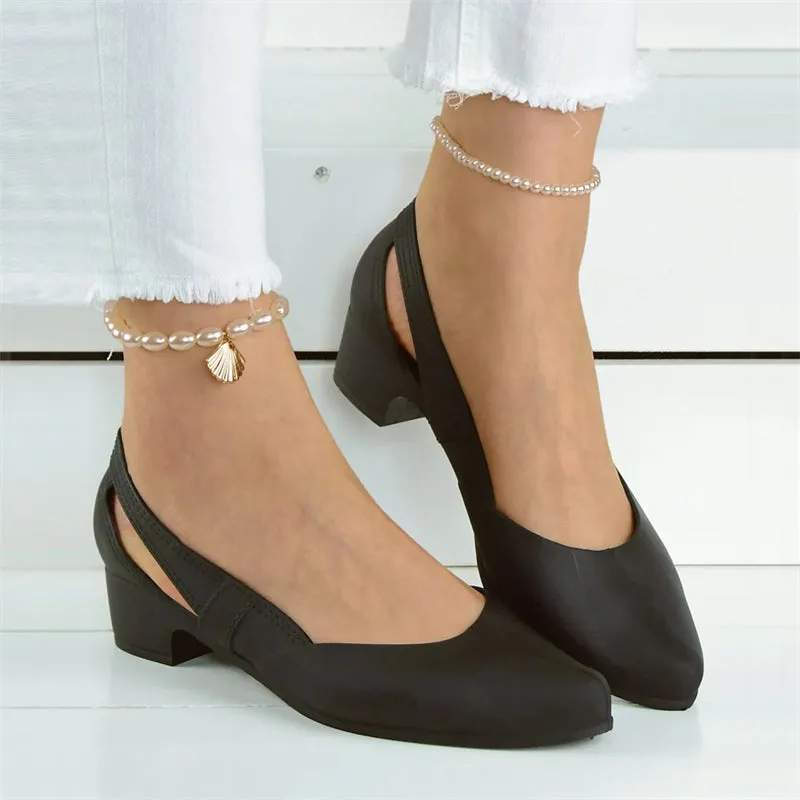 Women's Block Heel Solid Color Side Cut Pumps
