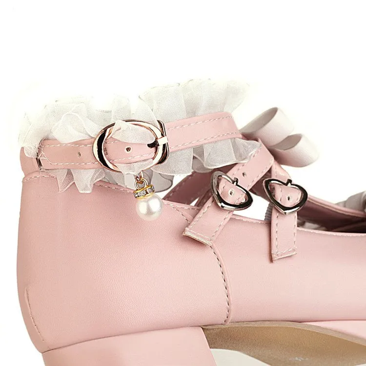 Women's Chunky Heel Pumps T Straps Shoes with Bowtie