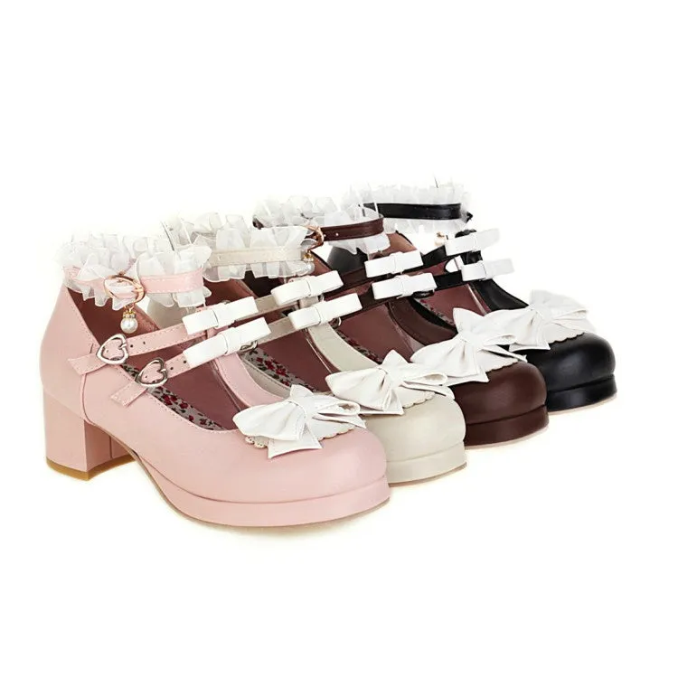 Women's Chunky Heel Pumps T Straps Shoes with Bowtie