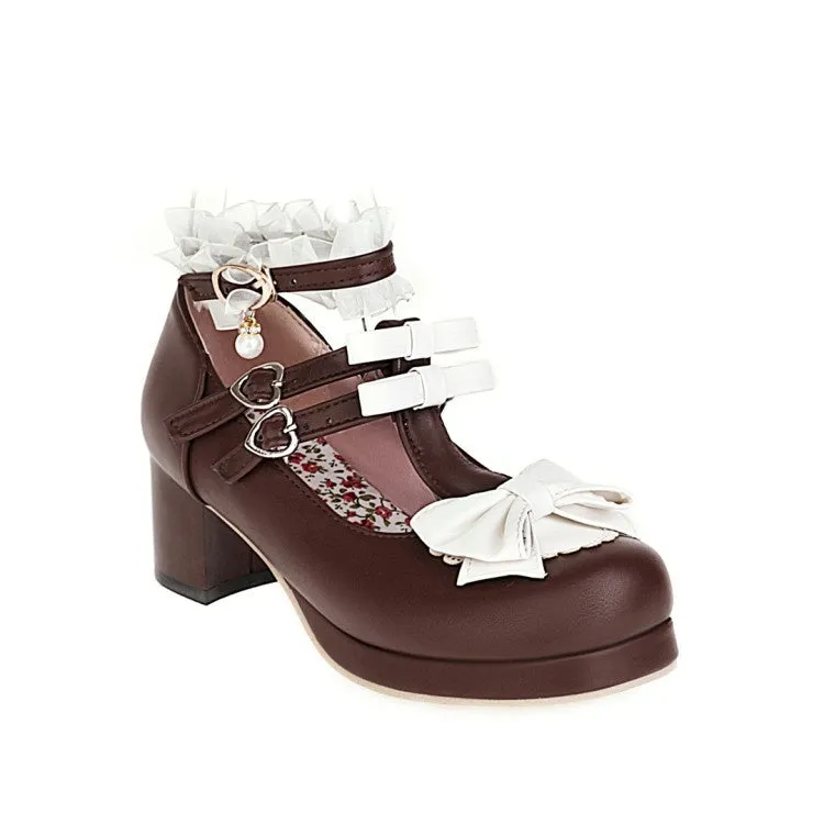 Women's Chunky Heel Pumps T Straps Shoes with Bowtie