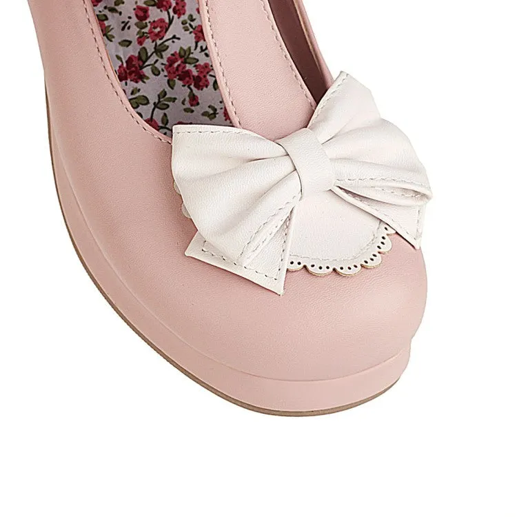 Women's Chunky Heel Pumps T Straps Shoes with Bowtie