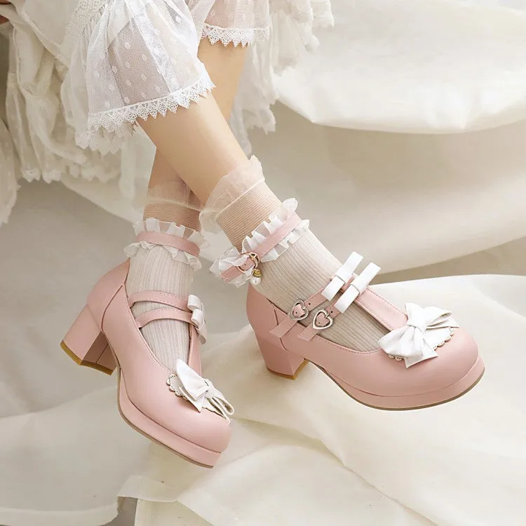 Women's Chunky Heel Pumps T Straps Shoes with Bowtie