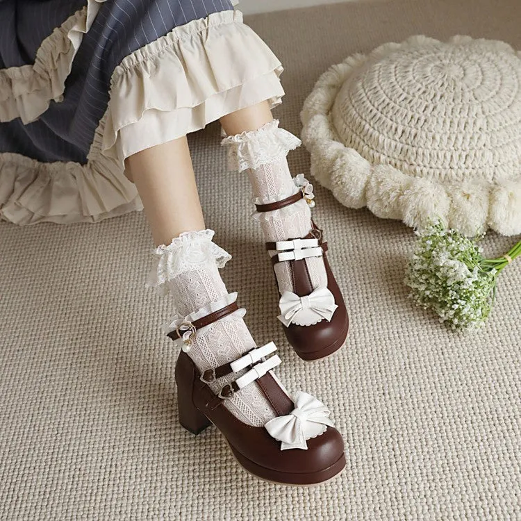 Women's Chunky Heel Pumps T Straps Shoes with Bowtie