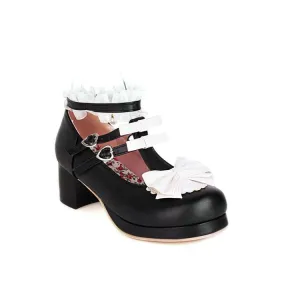 Women's Chunky Heel Pumps T Straps Shoes with Bowtie