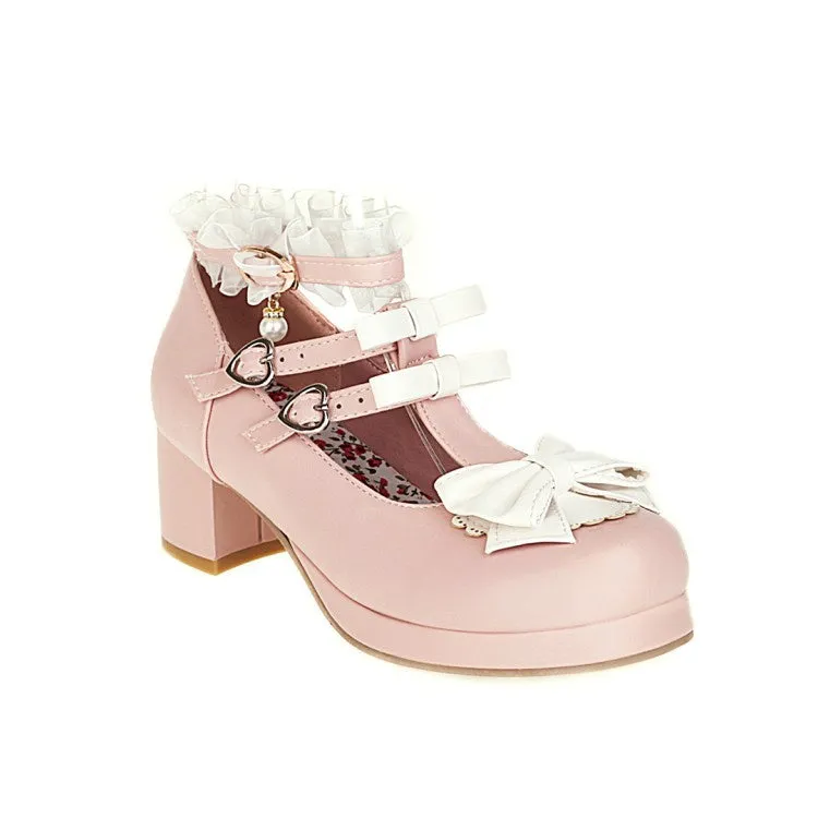 Women's Chunky Heel Pumps T Straps Shoes with Bowtie