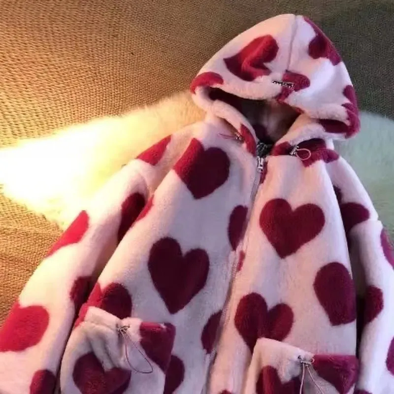Women's Faux Fur Jacket Pink Red Hearts Fleece Plush Hooded Jacket Cotton Padded Coat