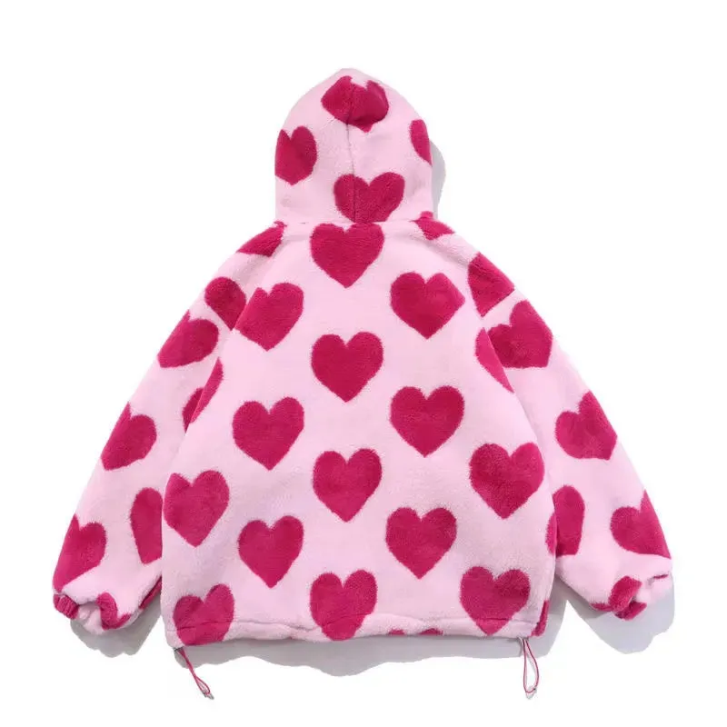Women's Faux Fur Jacket Pink Red Hearts Fleece Plush Hooded Jacket Cotton Padded Coat