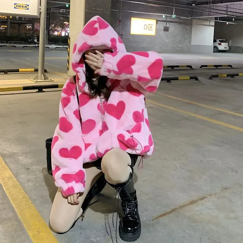 Women's Faux Fur Jacket Pink Red Hearts Fleece Plush Hooded Jacket Cotton Padded Coat