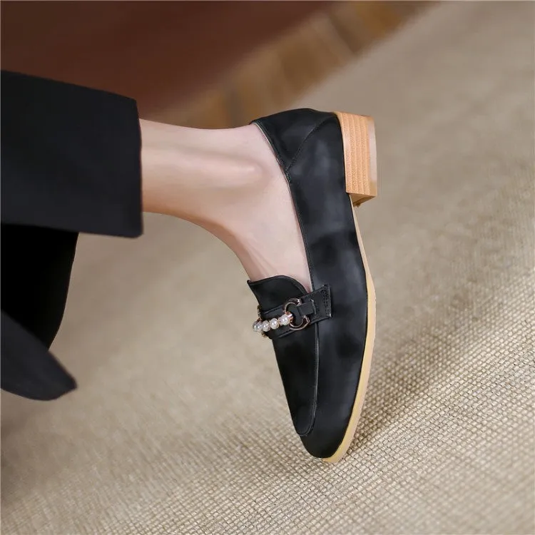 Women's Metal Pearl Low Heel Chunky Pumps