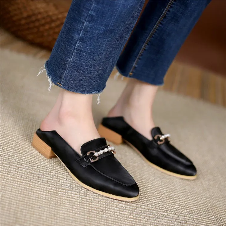Women's Metal Pearl Low Heel Chunky Pumps