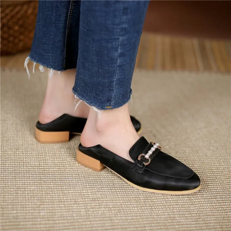 Women's Metal Pearl Low Heel Chunky Pumps
