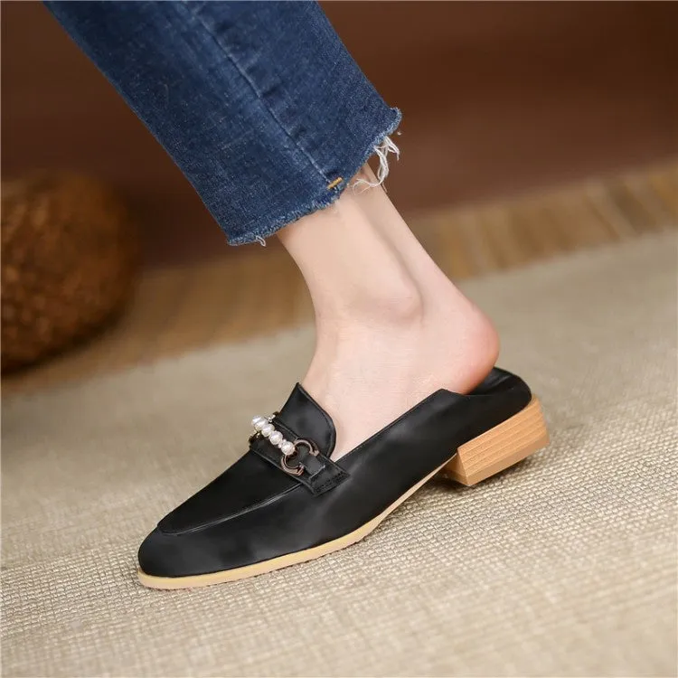 Women's Metal Pearl Low Heel Chunky Pumps