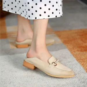 Women's Metal Pearl Low Heel Chunky Pumps