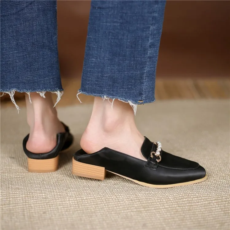 Women's Metal Pearl Low Heel Chunky Pumps
