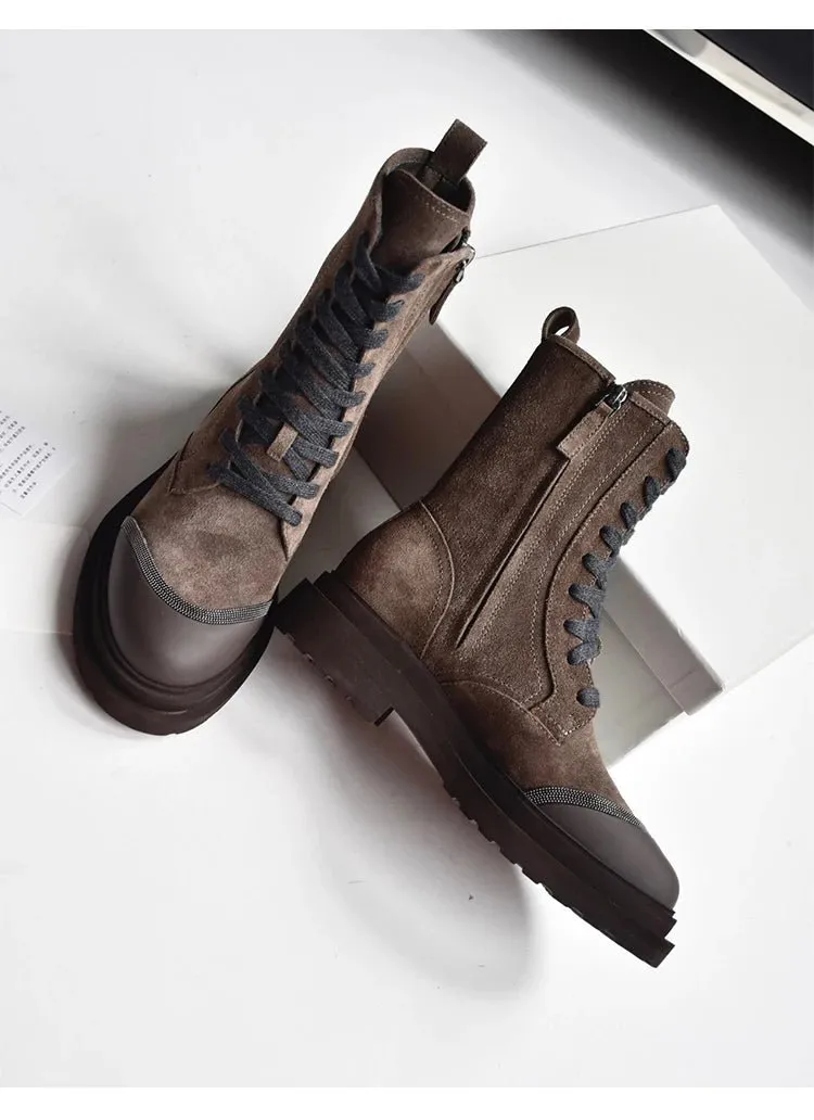 Women's Thick Bottom Lace-Up Round Head Rhinestone Leather Short Boots