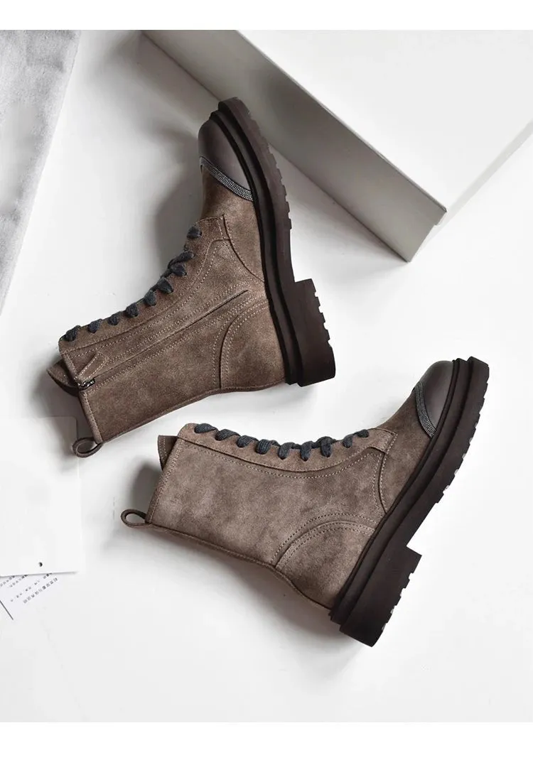 Women's Thick Bottom Lace-Up Round Head Rhinestone Leather Short Boots