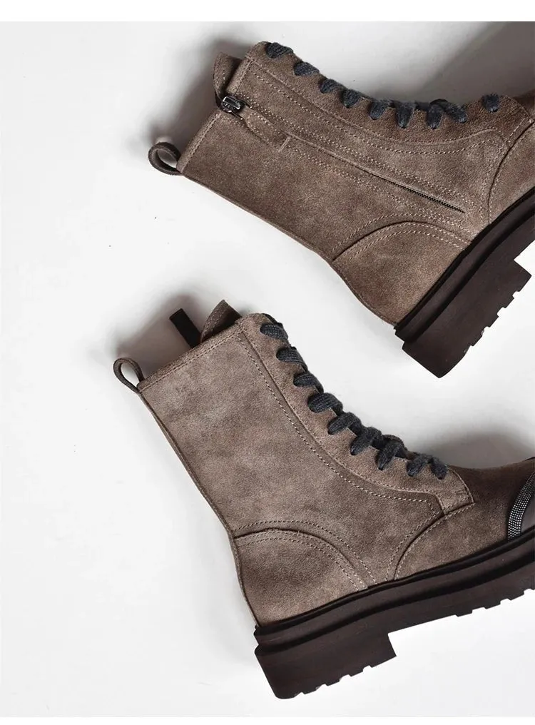 Women's Thick Bottom Lace-Up Round Head Rhinestone Leather Short Boots