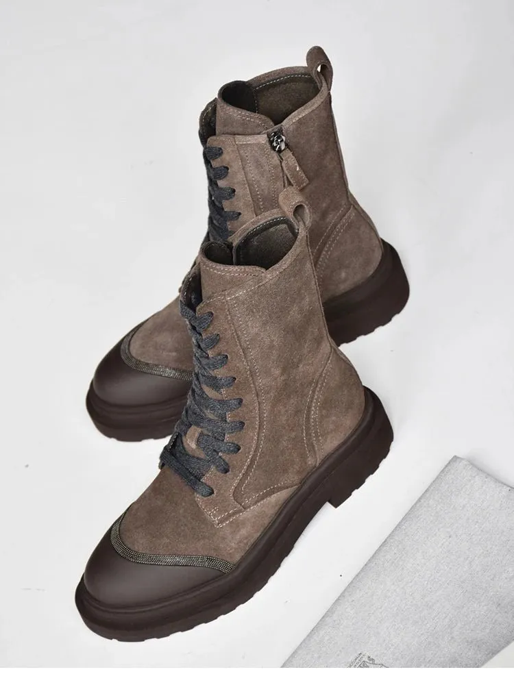 Women's Thick Bottom Lace-Up Round Head Rhinestone Leather Short Boots