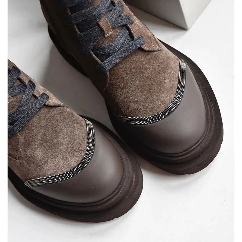 Women's Thick Bottom Lace-Up Round Head Rhinestone Leather Short Boots