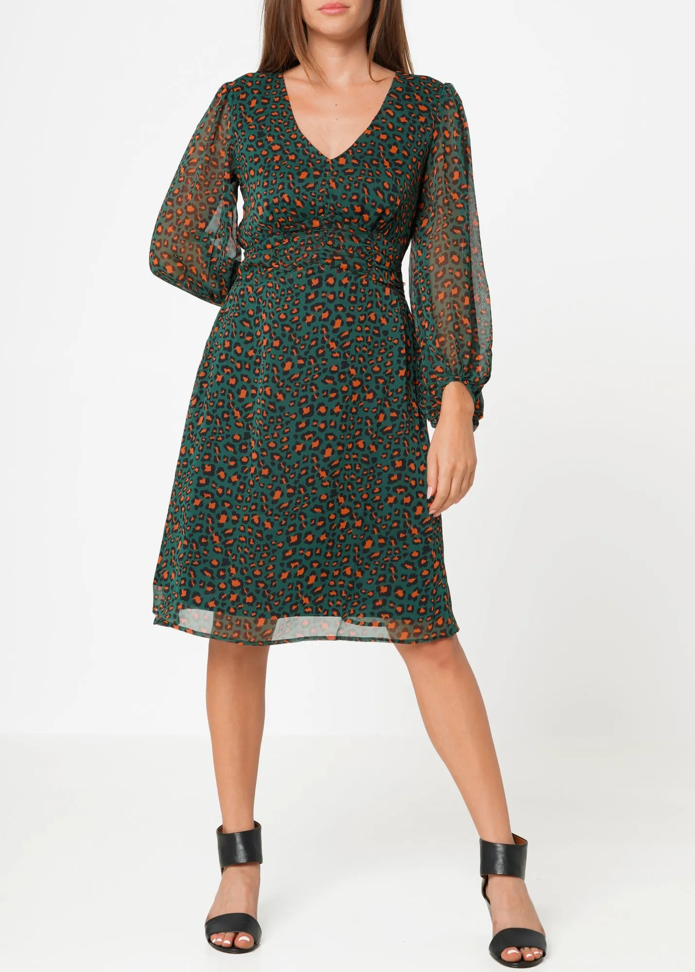 Women's V-neck Midi Dress in Leopard Hunt