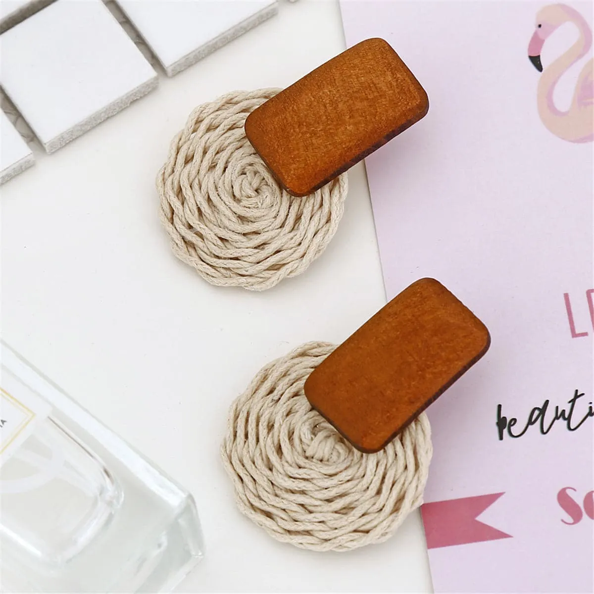Wood & Rattan Circle Drop Earrings