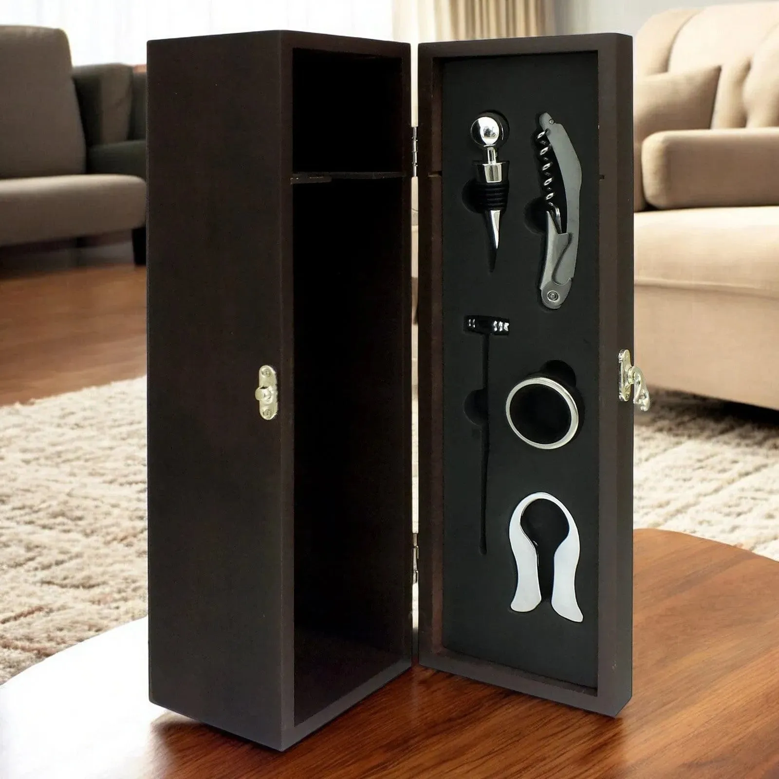 Wooden Wine Bottle Presentation Case & Accessories Connoisseur's Gift Set