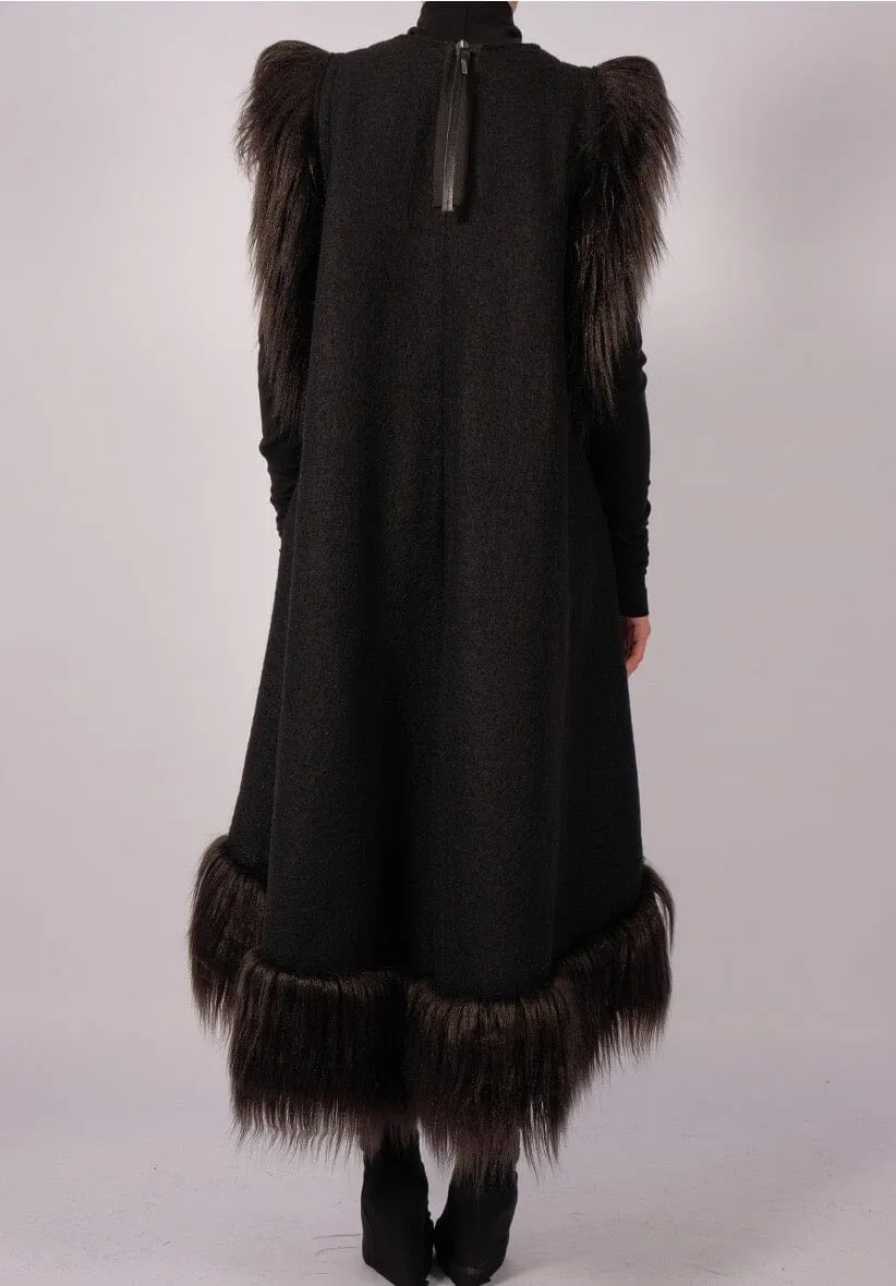 Wool Midi Dress with Faux Fur