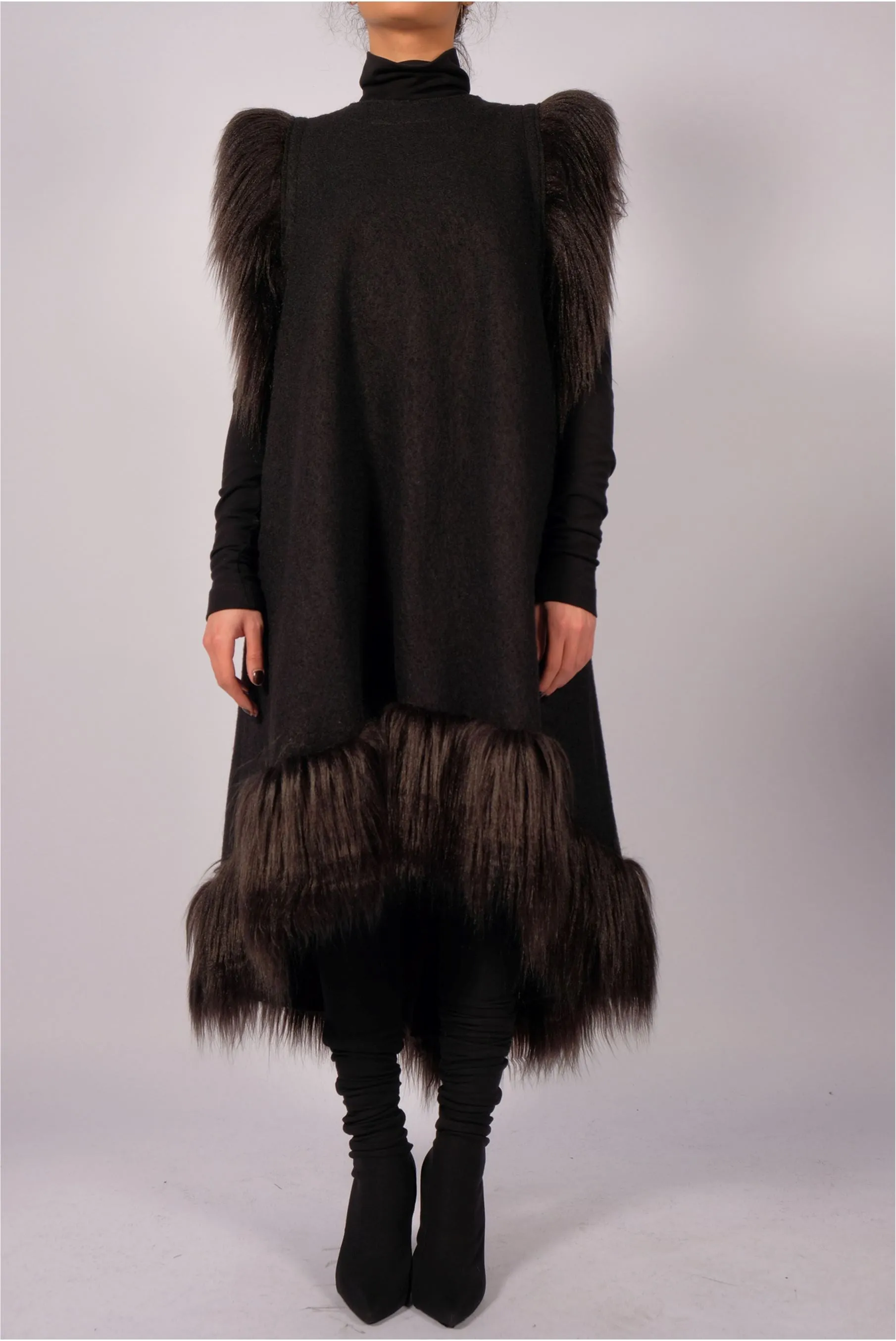 Wool Midi Dress with Faux Fur