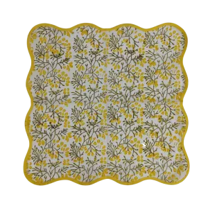 Yellow Floral Block Printed Scalloped Cotton Napkins
