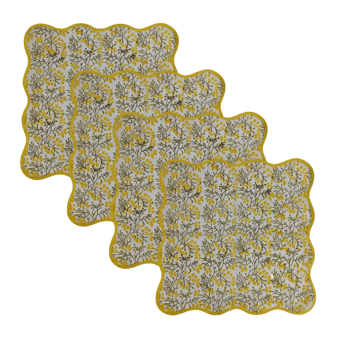 Yellow Floral Block Printed Scalloped Cotton Napkins