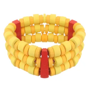Yellow Red Wooden Beaded Stretch Bracelet