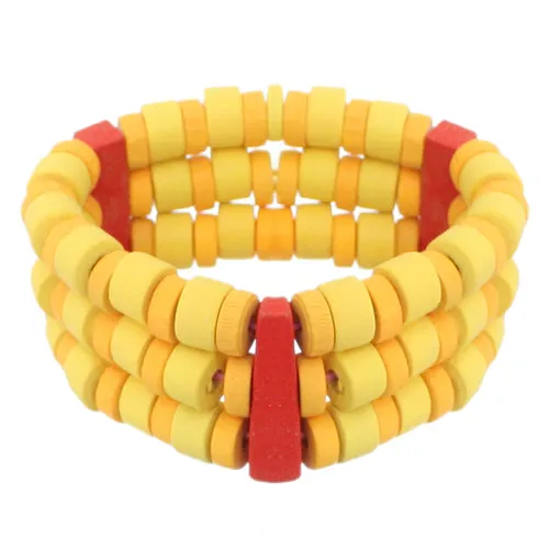 Yellow Red Wooden Beaded Stretch Bracelet