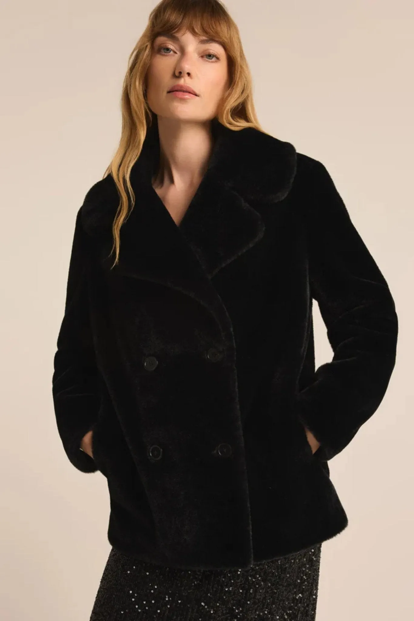 Z Supply: Gem Double Breasted Fur Coat in Black