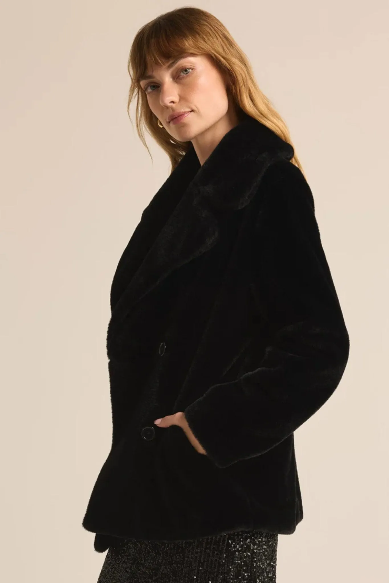 Z Supply: Gem Double Breasted Fur Coat in Black