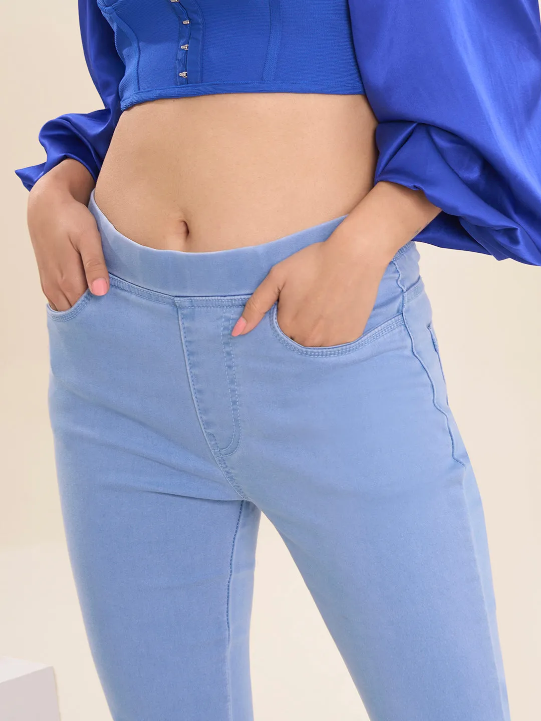 ZOLA Comfotable Denim Ice Blue Full Length Jegging for Women