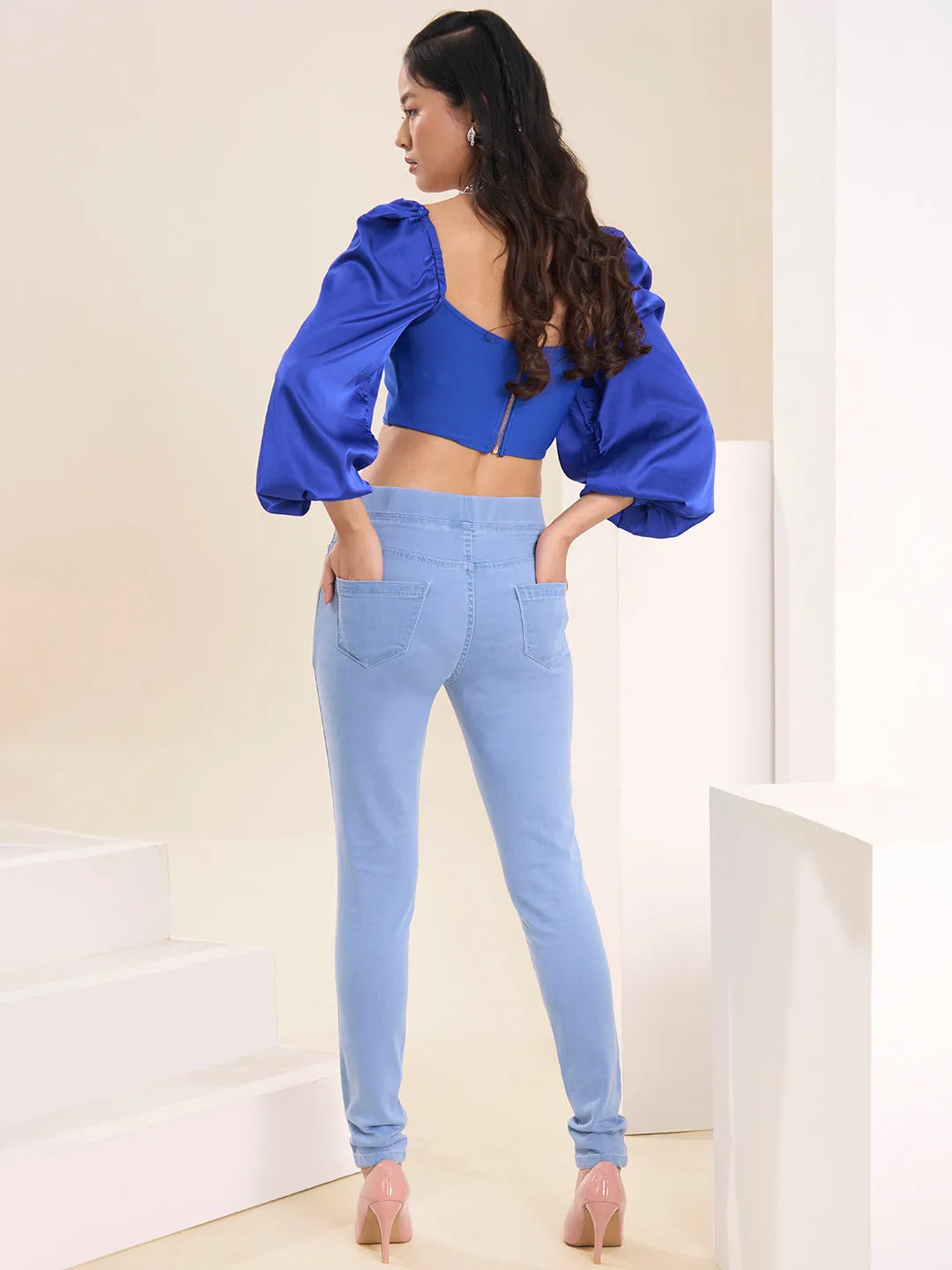 ZOLA Comfotable Denim Ice Blue Full Length Jegging for Women