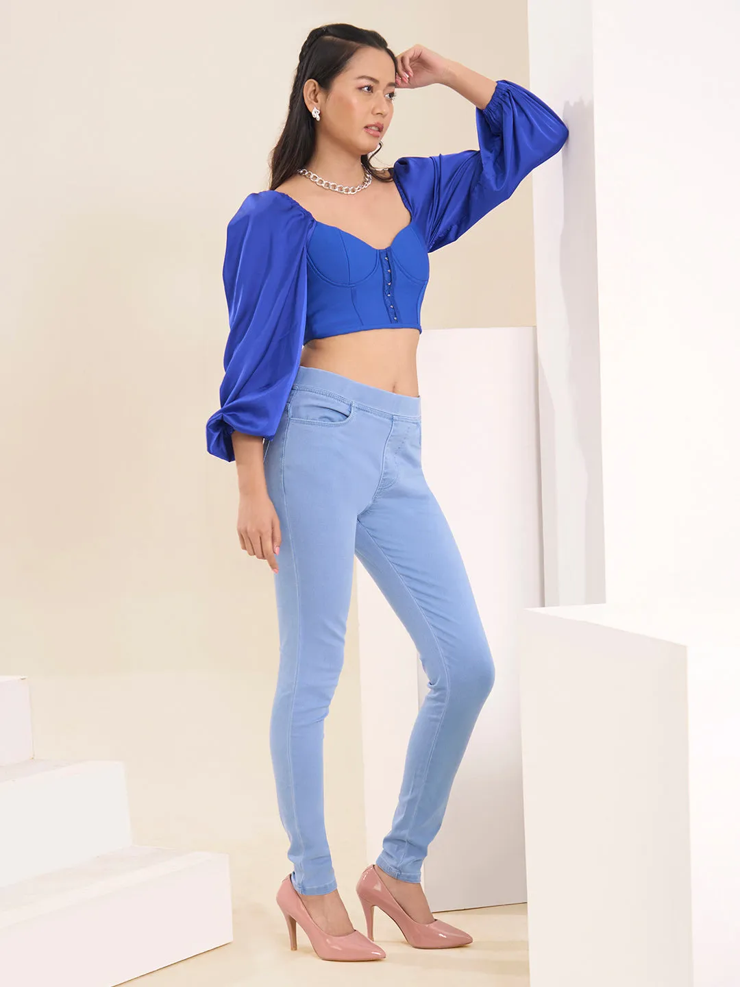 ZOLA Comfotable Denim Ice Blue Full Length Jegging for Women